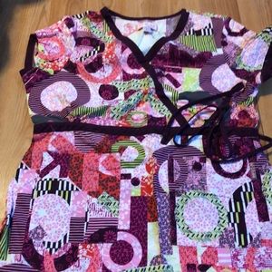 Koi tie waist multi colored pattern scrub top
